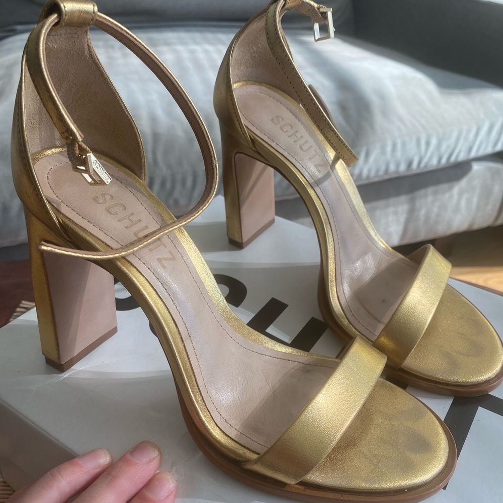 Schutz Gold Healed Sandals